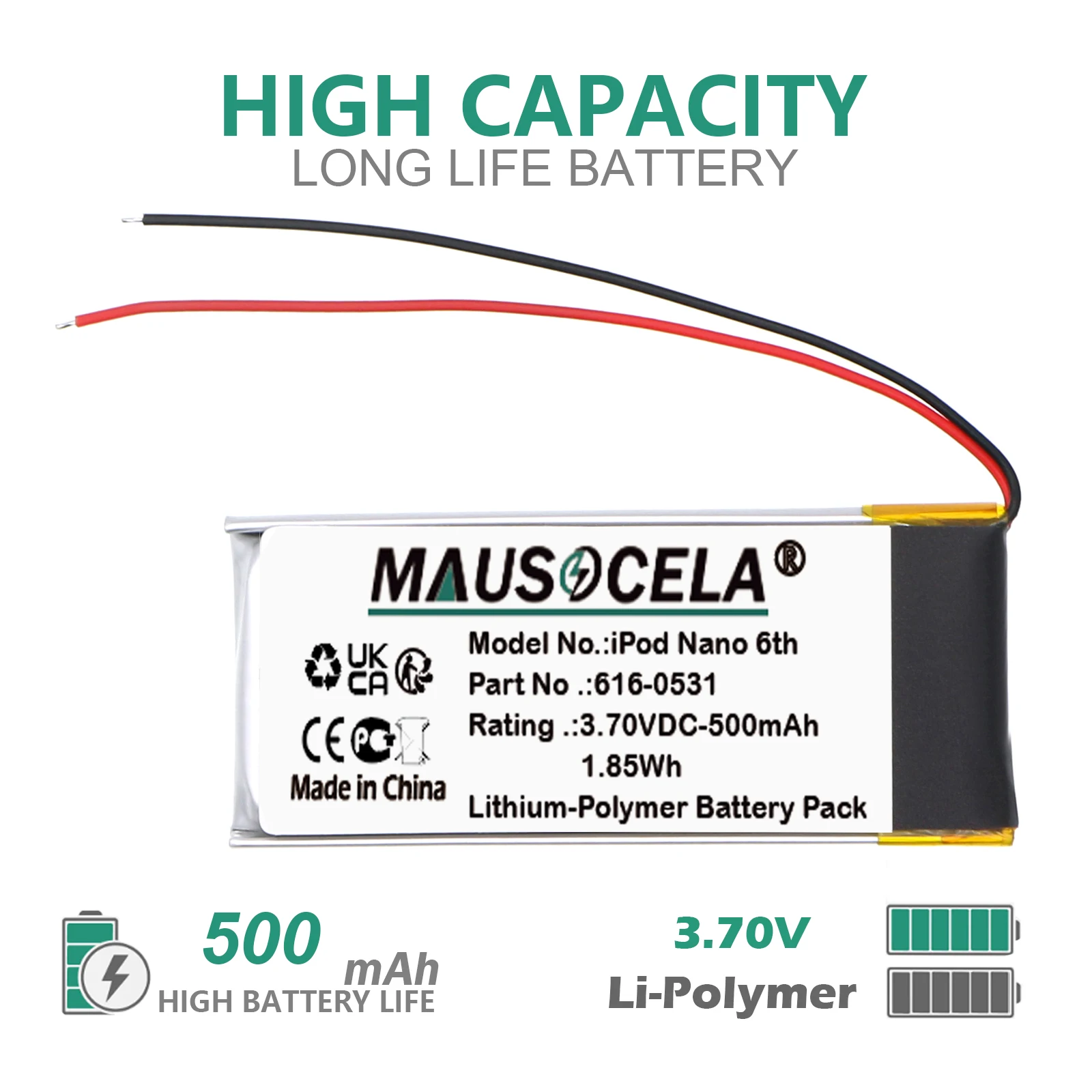 

500mAh Media Player Battery For Apple:616-0531,iPod Nano 6th,ipod nano 6th generation,+Toolkit--Li-Polymer--3.70V--500mAh/1.85Wh