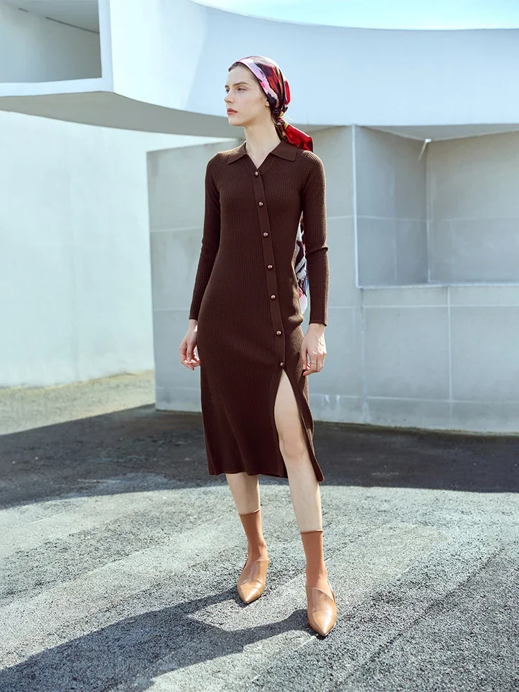 AMII-vestido de punto con botones para mujer, vestidos por debajo de la rodilla ajustados de estilo chino con abertura en A, primavera 2025, nueva moda 12353106