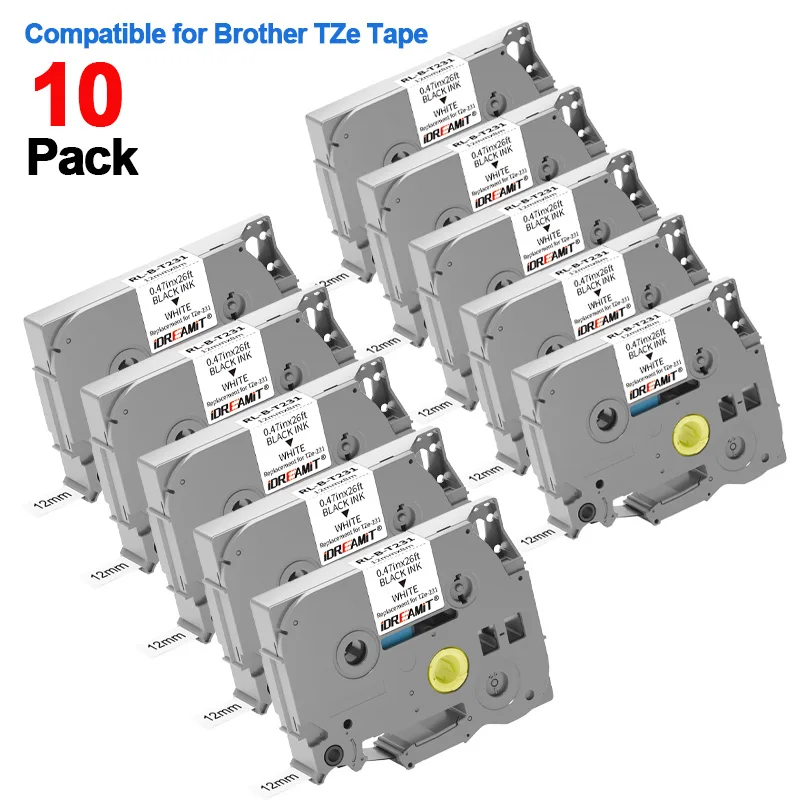 

10PK / 20PK 12mm 0.7in TZe Label Tape TZe231 T231 231 TZ231 Compatible for Brother P-Touch Tape TZe 12mm 0.47inch black on