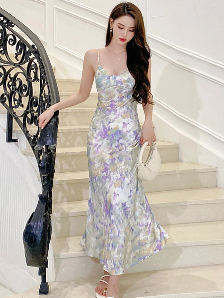 فستان طويل أنيق للإجازات للنساء مثير مطبوع بحزام زلة بدون ظهر وكشكشة ذيل السمكة رداء عطلة حفلة الشاطئ Mujer Vestidos