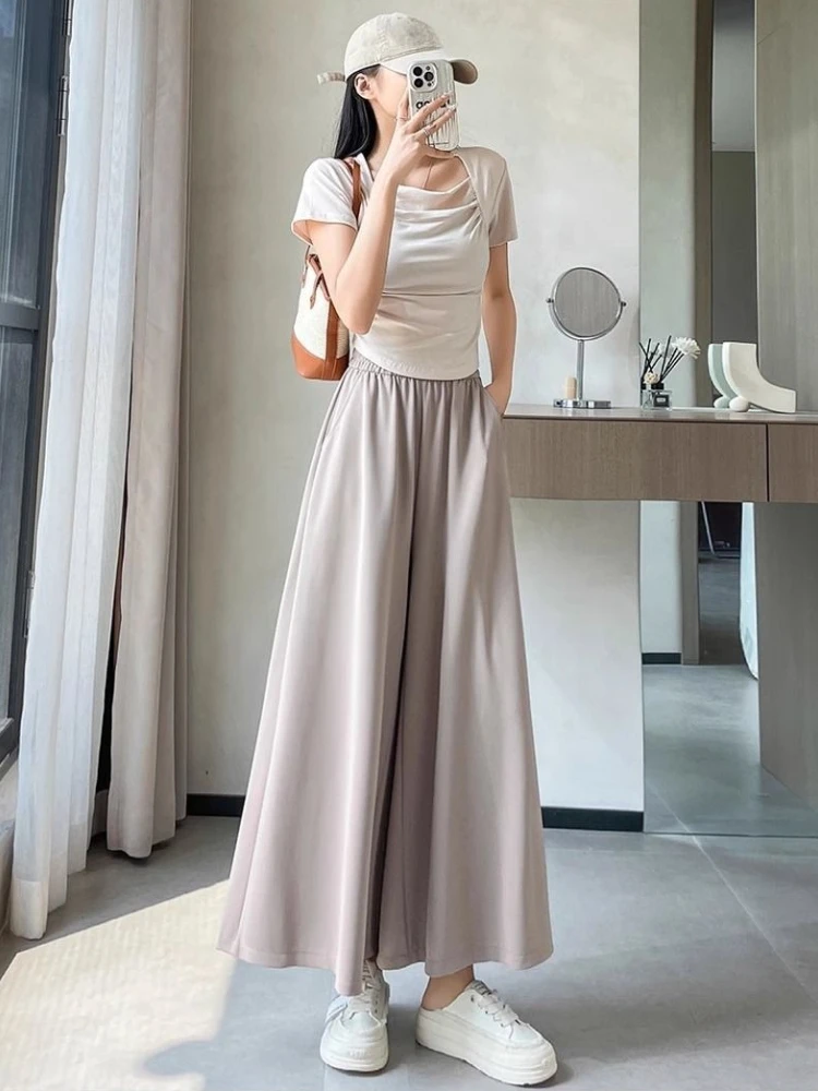 

Women Chinese Style Skorts Pants Summer High Waist Wide Leg Culottes Loose Casual Baggy Shorts Breathable Cooling Ankle Length