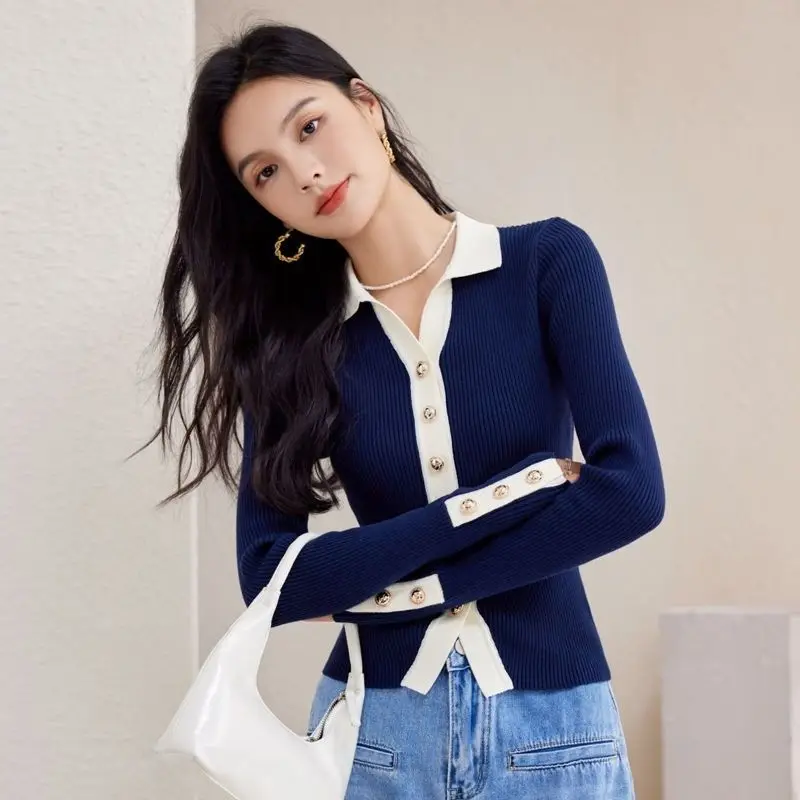 Autumn Woman's Clothes Knitwear Well-designed Niche Slim Fit Color Collision Turn-down Collar Niche Temperament Trend Inner Chic