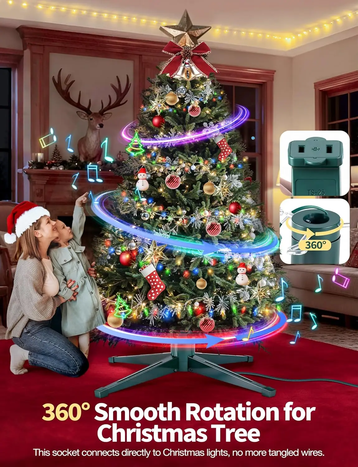 Suporte giratório musical para árvore de Natal, 360 °   Girando com controle remoto, luz e música, cabe em árvores de até 8 pés