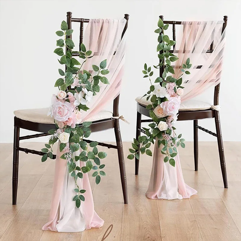 3Pcs Chiffon Chair Sashes Wedding Chair Covers Ribbon Baby Shower Party Aisle Artificial Flower Chair Cover Hotel Banquet Decor