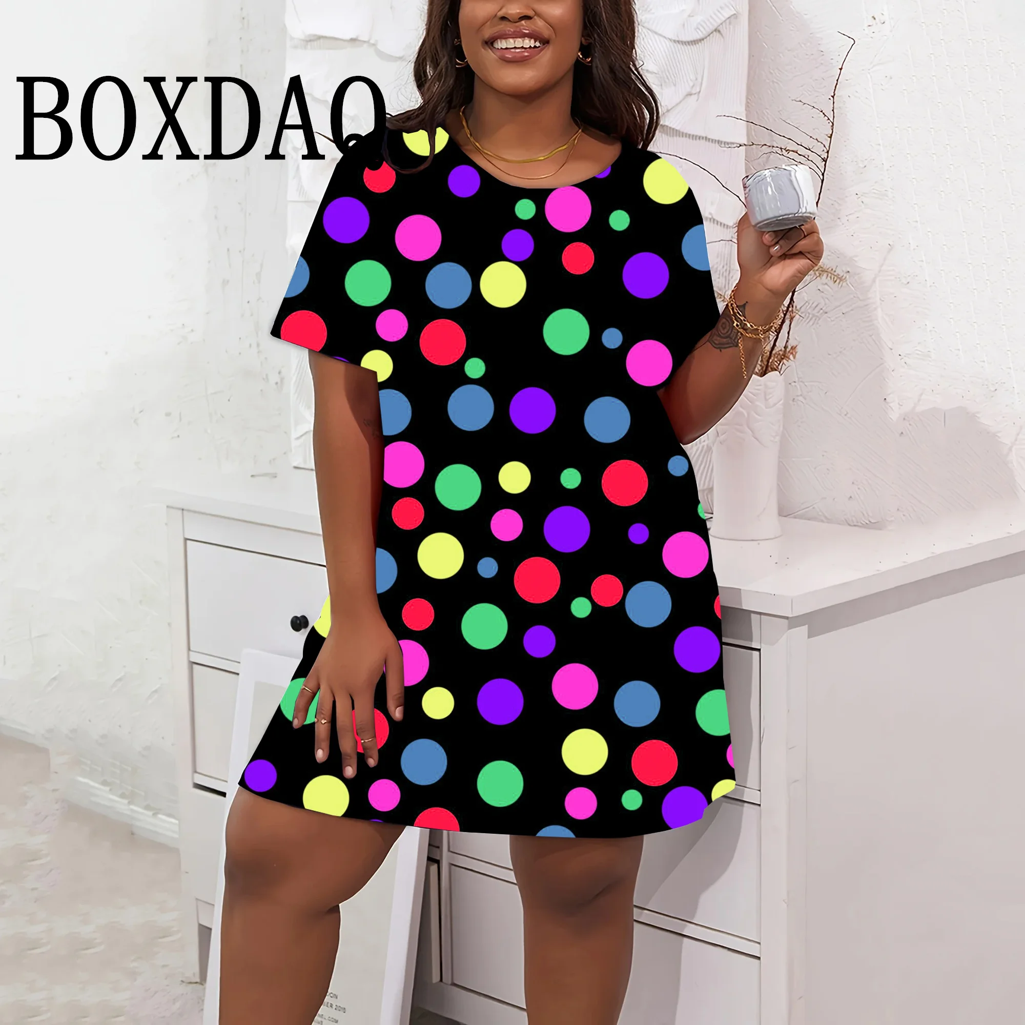 Vintage 80S Polka Dots Casual Short Dress Women Fashion Rainbow Dot Loose Mini Dresses  Elegant Plus Size Dress Summer Clothing