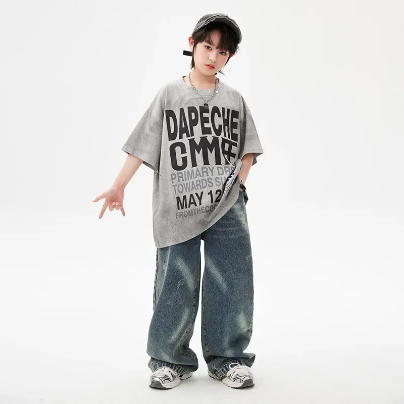Abbigliamento per ragazze Hip Hop Costume da ballo di strada jazz per bambini T-shirt grigia oversize Pantaloni in denim blu per outfit da spettacolo per ragazzi