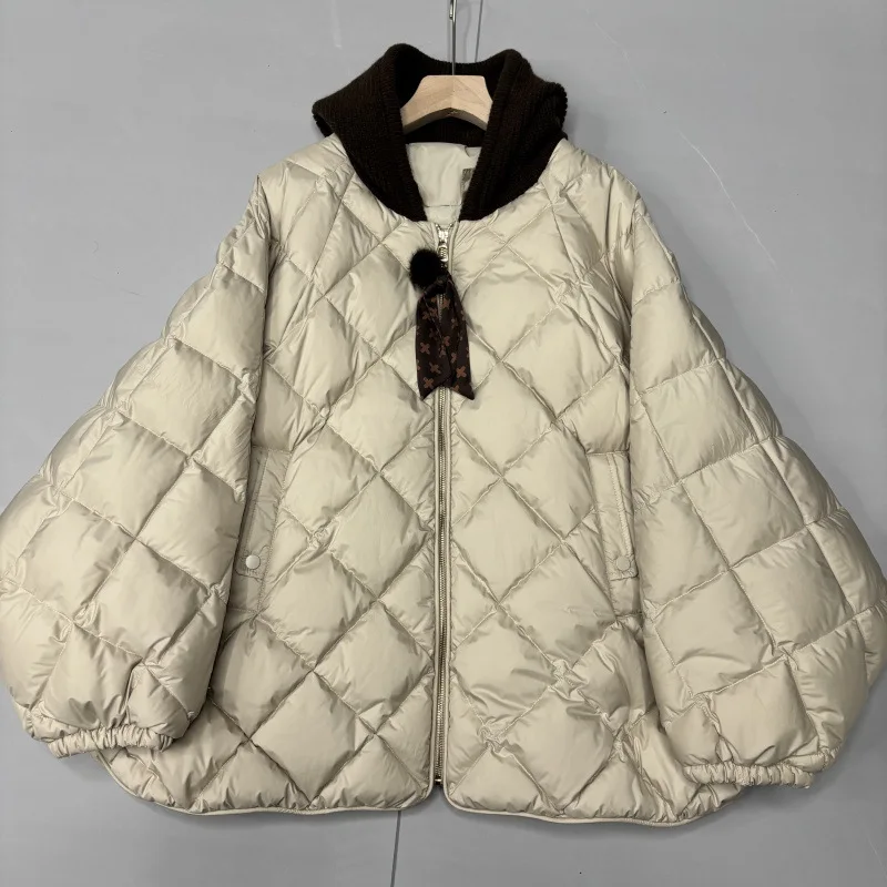 Nouveau automne hiver à capuche diamant grille blanc canard vers le bas Parka mode tricoté chapeau doudoune pour les femmes