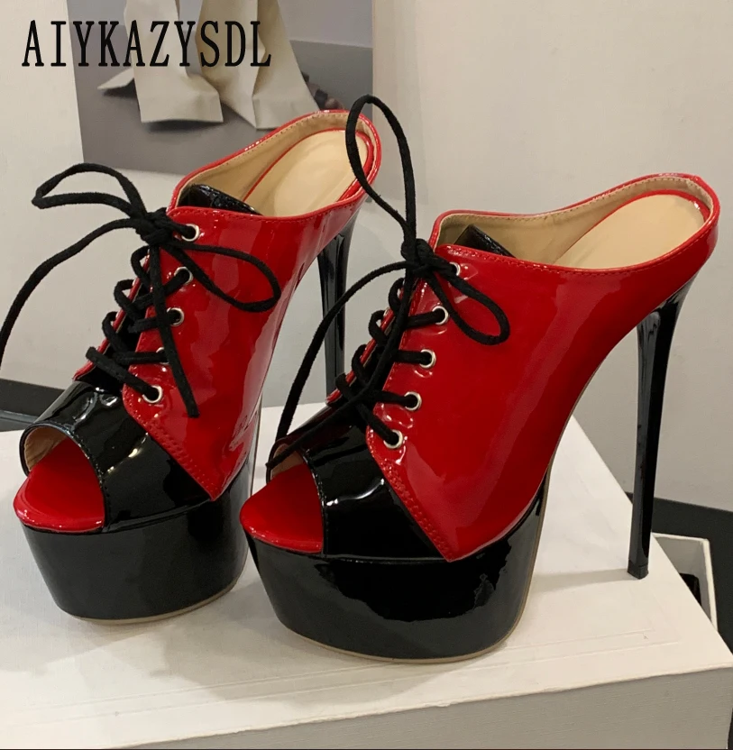 

AIYKAZYSDL 2025 Contrast Red Black Sport Sandals Fetish Shoes Peep Toe Pumps Patent Leather Glossy Mules Slides Ultra High Heels