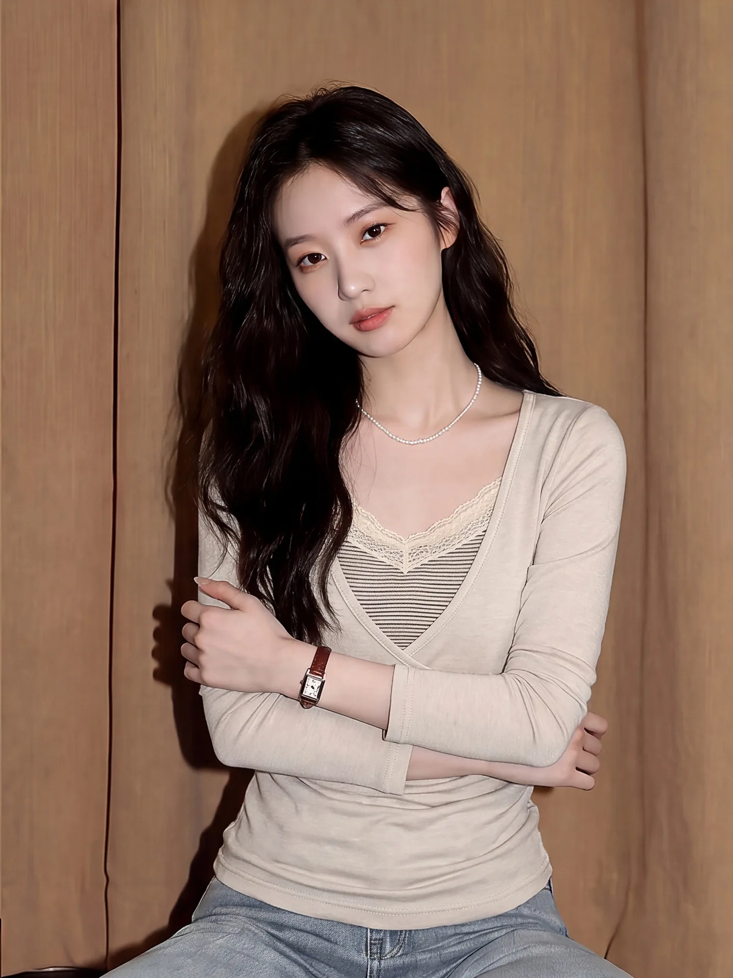 Unique Lace Edged Striped Tank Top Women Summer Slim Fit Long Sleeve T-Shirt Cover up Two Piece Set Commute Style Korean Version