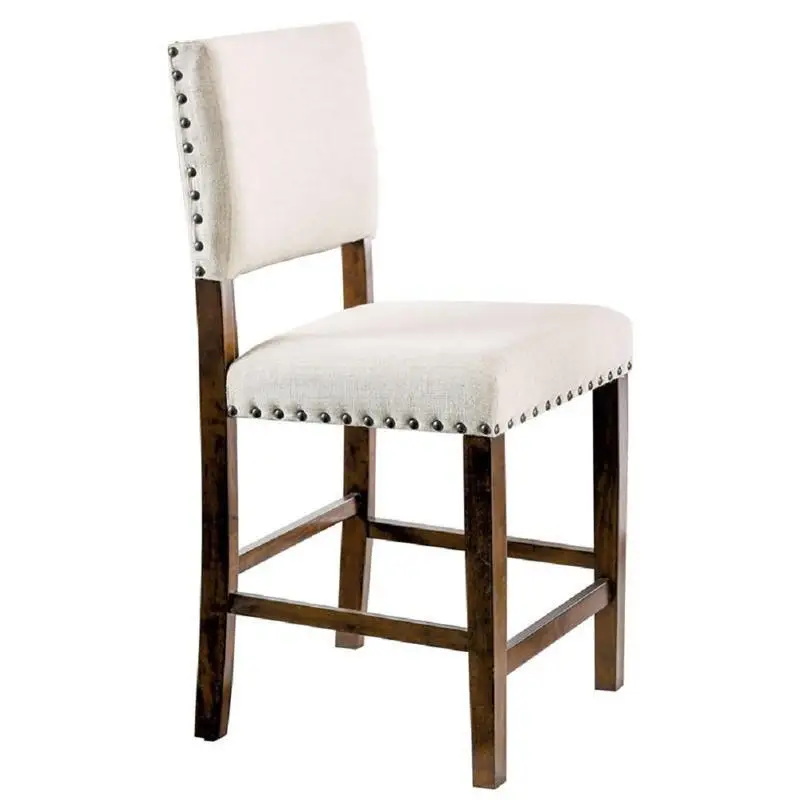 Ivory Padded Dining High Chairs Set of 2 with Nailhead Trim and Solid Wood Brown Cherry Finish