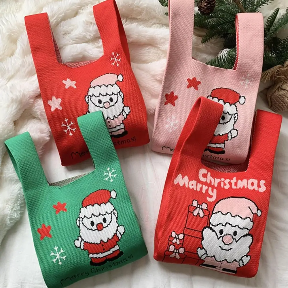 Cute Christmas Gift Knot Wrist Bag Candy Pouch Santa Claus Christmas Knitted Bag Wool Bucket Bag Handbag Tote Bag Travel