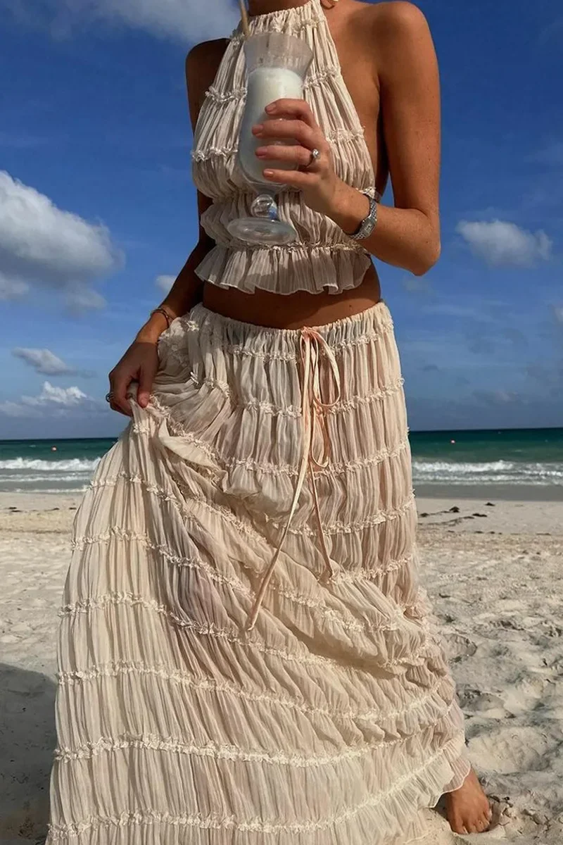 Women's Suit Sexy Sleeveless Backless Top High Waist Skirt 2 Piece Sets Chic Long Skirt Set for Women Lady Chic Beach Dresses