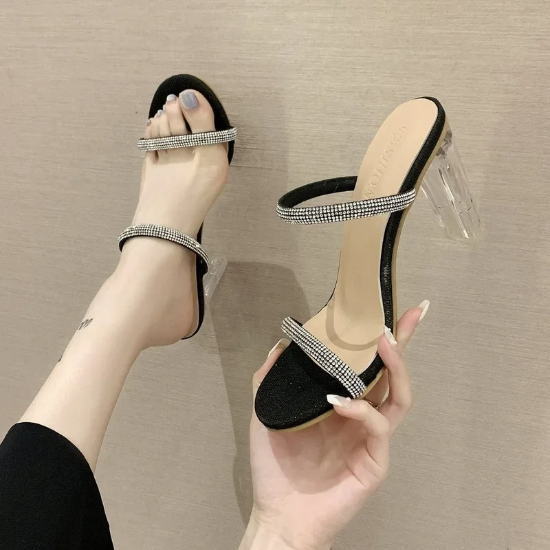 

New Fashion Women Sandals Rhinestone Word High Heels Sexy Ladies Slippers Luxury Designer Ladies Street Beach Sandals Summer