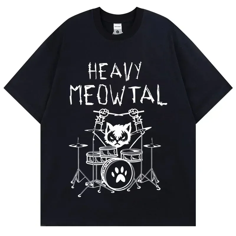 Camiseta masculina pesada meowtal gato metal música presente idéia engraçado proprietário de animais de estimação camiseta mais recente impresso topos