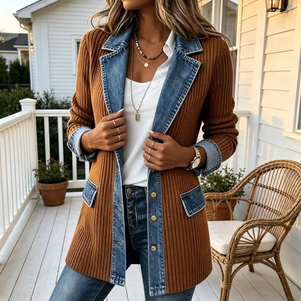 Soft Ribbed Knit Denim Patchwork Button-Up Thigh-Length Jackets 2026 Women Denim Patchwork Jacket Knit Sweater Blazer Pockets
