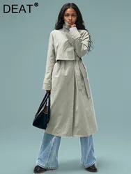 DEAT New Trendy Women's Cropping Patchwork Trench Coat 2024 Autumn Fashion Stand Collar Bandage Windbreaker Female 7AB345