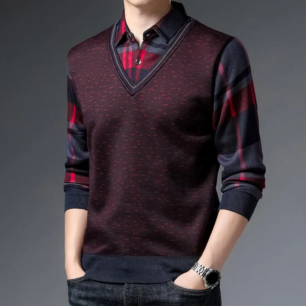 

Lapel Sweater Stylish Men's Winter Sweater Knitted Plaid Print Lapel Collar Thickened Buttons for Mid-aged Fathers Men