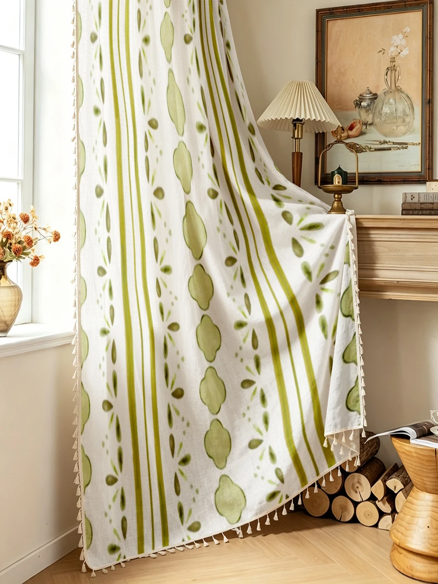 1PC Geometric Tassel Sheer Curtains, Green Stripe Teardrop, Digital Print, Linen Polyester, Bedroom Living Room, Home Decor