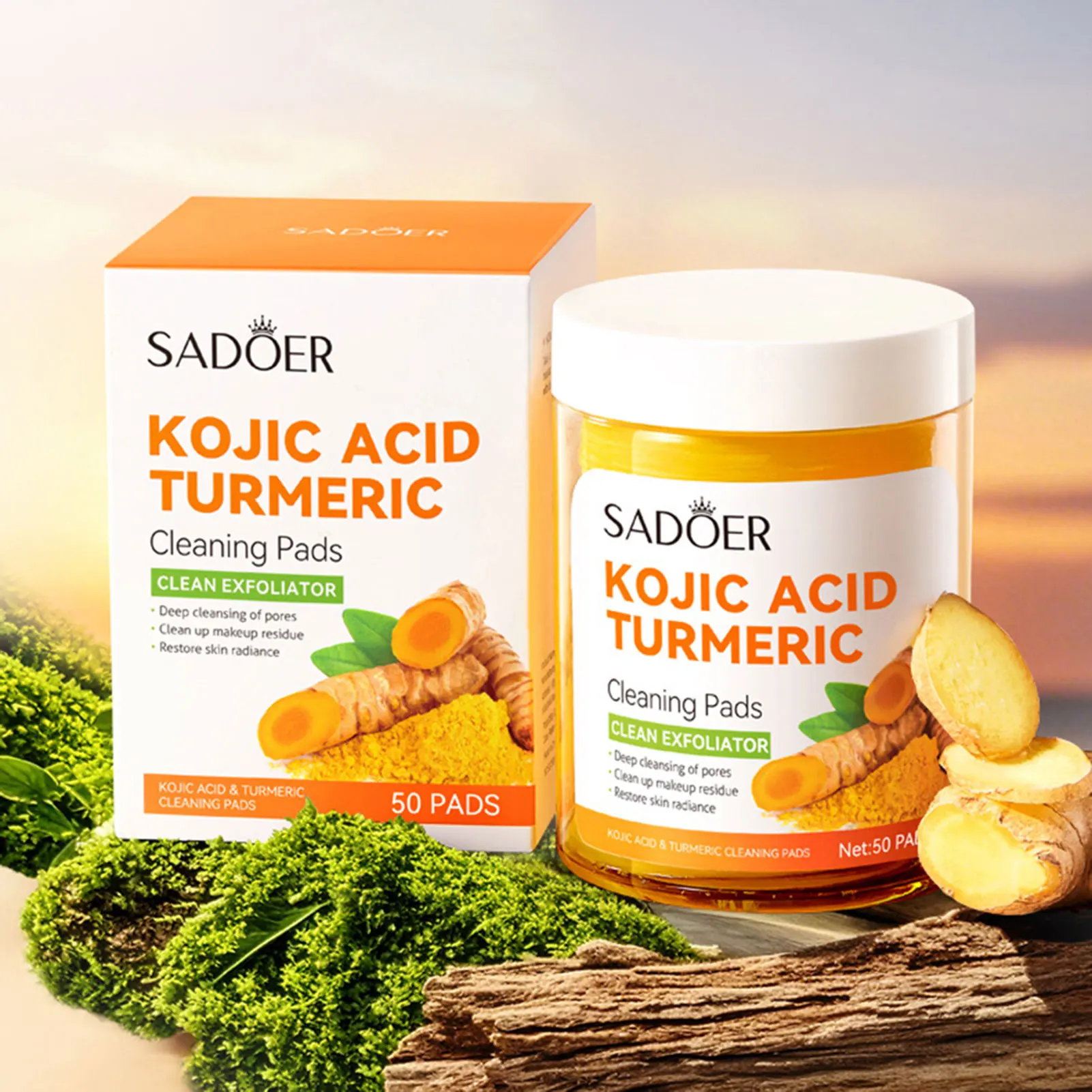 50pcs/Box Turmeric Kojic Acid Exfoliating Cleansing Fades Dark Spots Exfoliates Skin Pads,Facial Cleansing Pads For Women