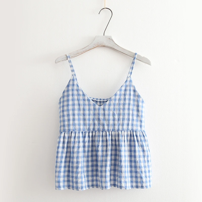 Dream Box  Summer  Plaid Cotton Loose Doll Sle Versatile Strap Top Fashionable Folded  Single Piece Clothing