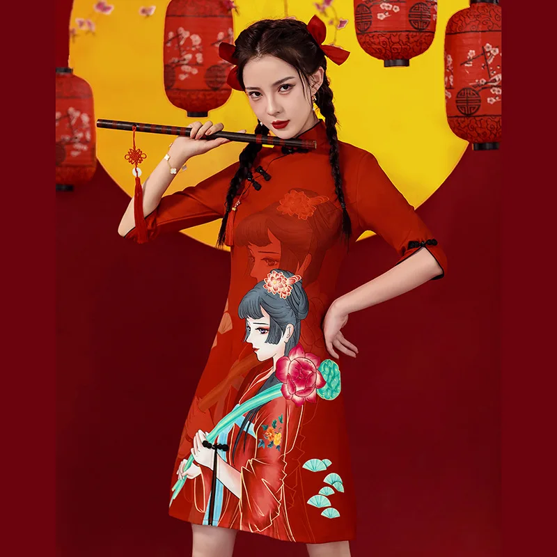

Fashion Red Cheongsam Women Floral 3/4 Sleeve Chinese Traditional Dress Summer Vintage Casual Elegant Female Girl Short Dresses