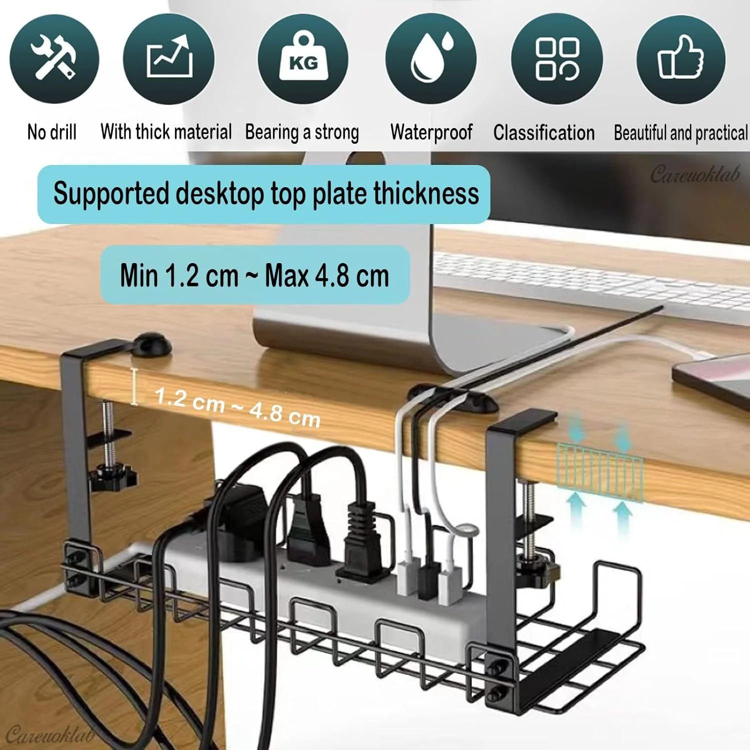 1 Piece of Desk Storage Rack with Non Perforated Wire Insertion, Computer Desk Wire Management Basket, Home and Office Supplies