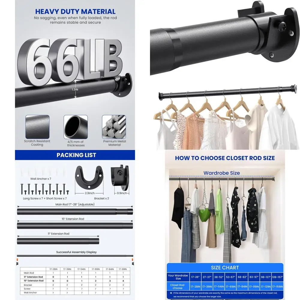 

Регулируемые металлические штанги для шкафа, 17-54 дюйма, усиленные, для подвешивания одежды, черные