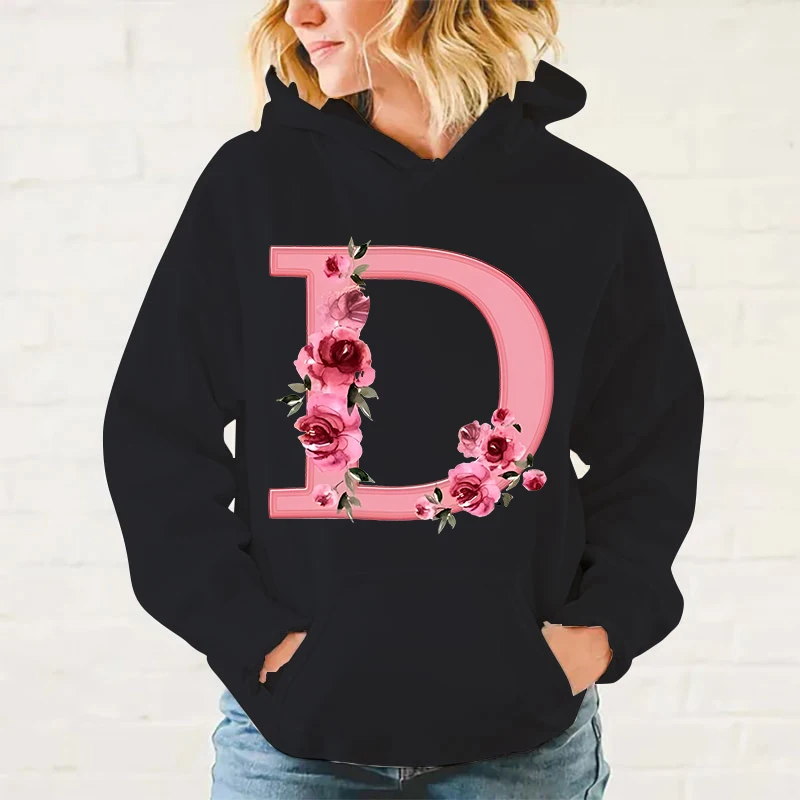 New Flower Alphabet D Hoodies Women Girl Long Sleeve Sweatshirt Female Casual Loose Hoodies Fashion Pullovers Tops