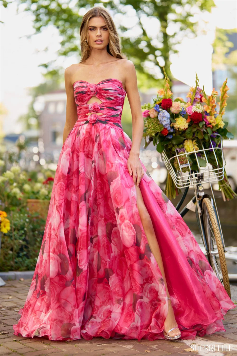 Sansa-Floral Imprimir Prom Vestidos, A-line Organza, sem alças, Split Side, sem mangas, Sweep Train, noite formal