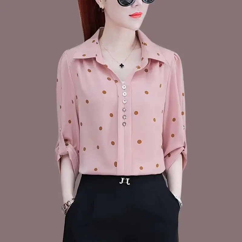 Office Lady Commuter Turn-down Collar Polka Dot Print Blouses Summer New Women\'s Clothing Fashion Button Pullovers Elegant Shirt