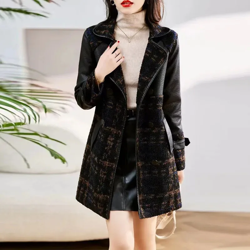 Nowa damska kurtka skórzana Fleecing Thickened Autumn Winter Warm PU Leather Coat Long Female Suit Collar Fur One Trench Coats 5XL