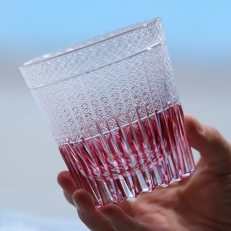 

Japanese hand-carved whiskey crystal glass foreign wine cup pink golden red wheat mang medieval