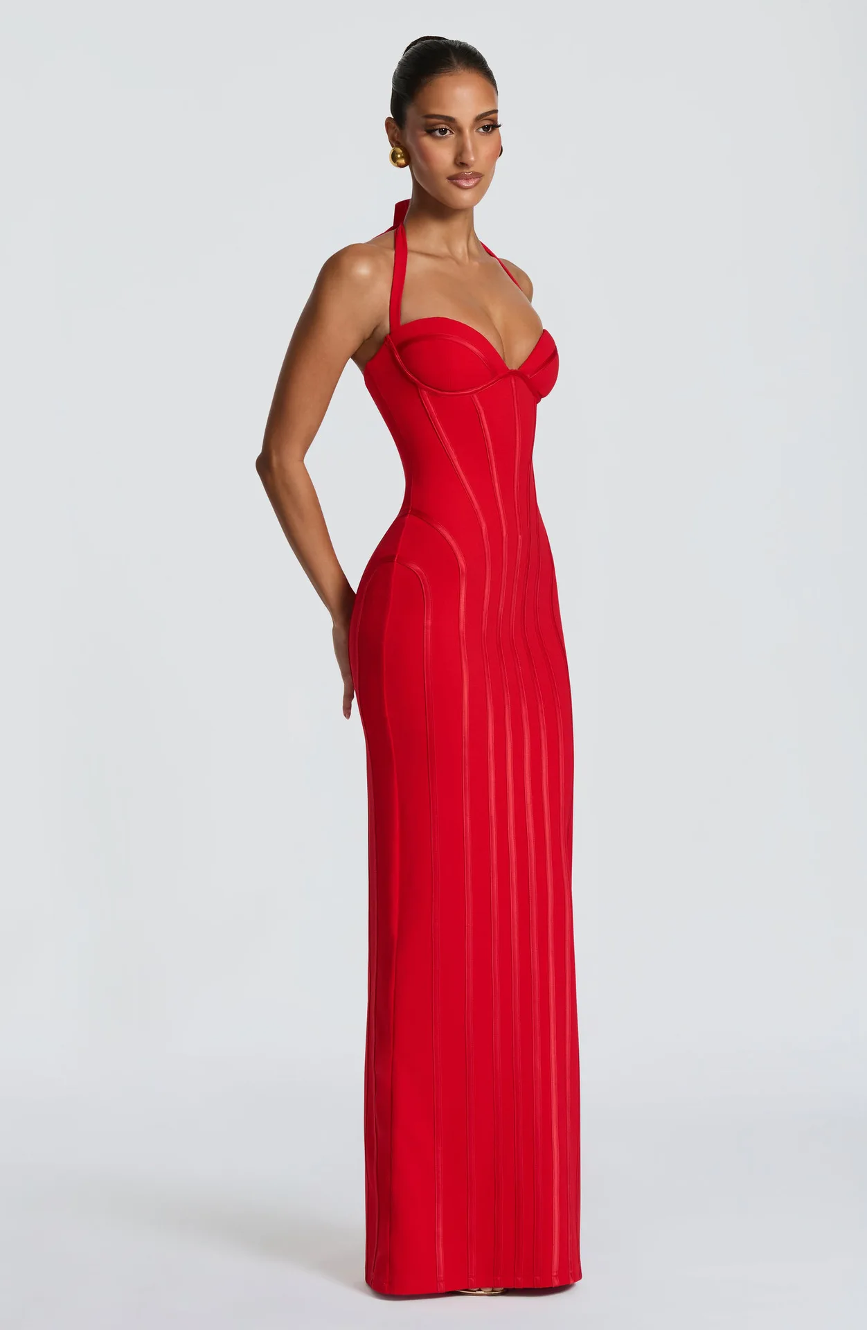 Women Halter Red Bandage Maxi Dress Sweetheart Bustier Corset Lace-up Slim Bodycon Split Long Evening Party Prom Dresses Black