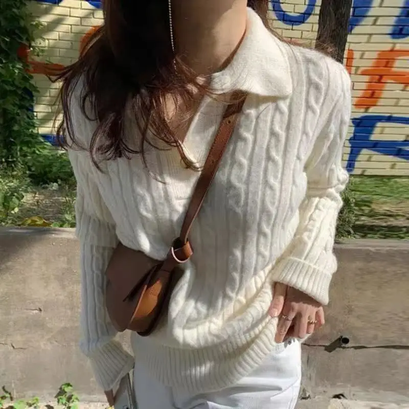 Langarm Casual Umlegekragen Leinen Muster Design Lose Vielseitige Pullover Koreanische Chic Herbst Winter Vintage Strickwaren