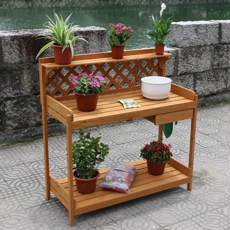 Outdoor Potting Bench Table Work Station Garden Planting with Cabinet & Drawer & Top Shelf & Lo-wer Shelf Natural Wood