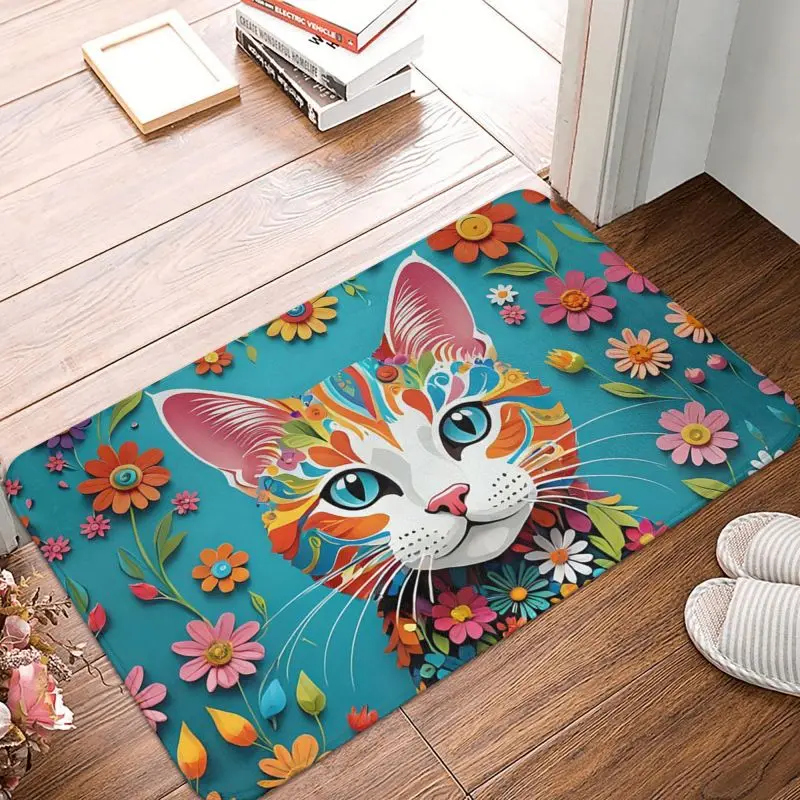 Custom Floral Cat Front Door Mat Anti-Slip Outdoor Quick Dry Doormat Floor Bathroom Entrance Rug Carpet
