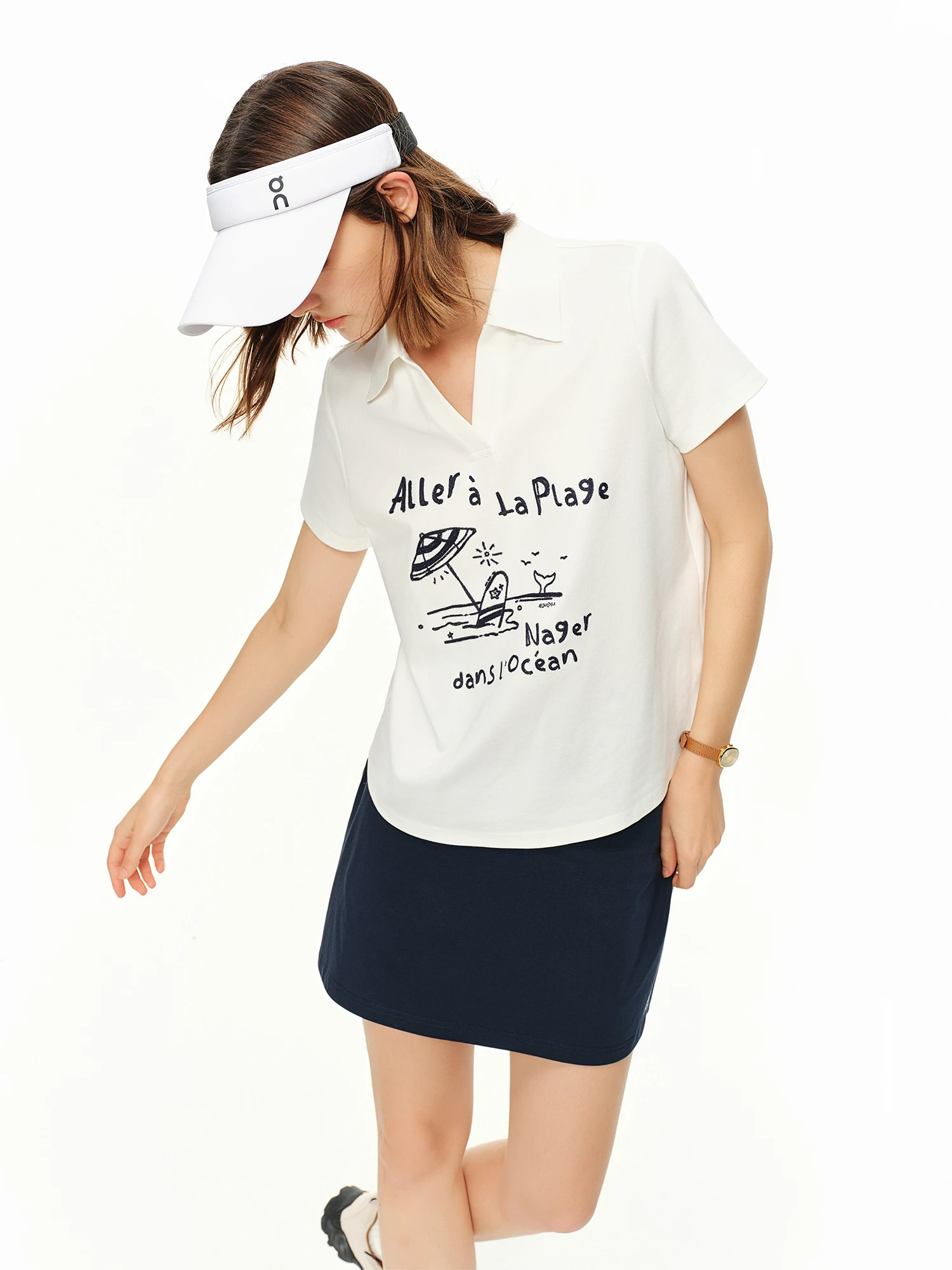 DUSHU Summer Women Structured Polo T-Shirt Beach Floral Embroidery Rolled-Sleeve Top Sporty Coastal Coquette Inclusive Sizing