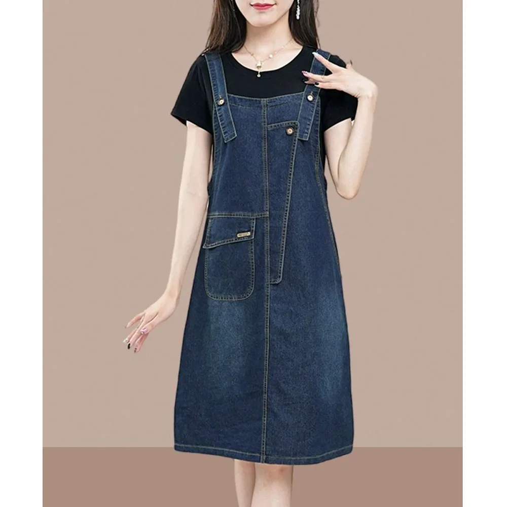 デニムストラップドレス女性 4XL 大きいサイズ新しい夏の韓国スタイルノースリーブジーンズドレスミディオーバーオールドレスカジュアルサンドレス