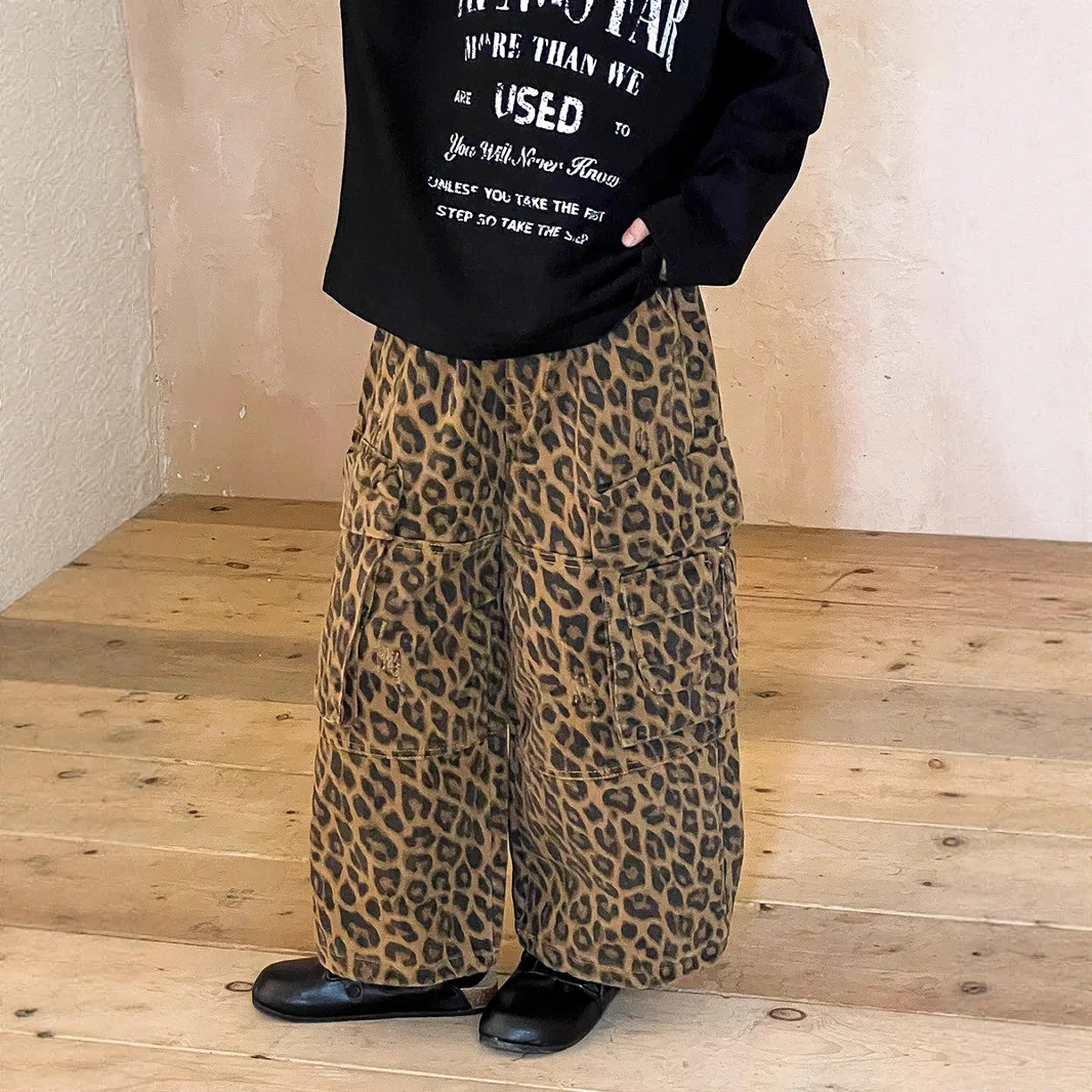 

2025 Autumn New Children's Fashion Leopard Print Overalls Loose Straight Casual Pants Foreign Style