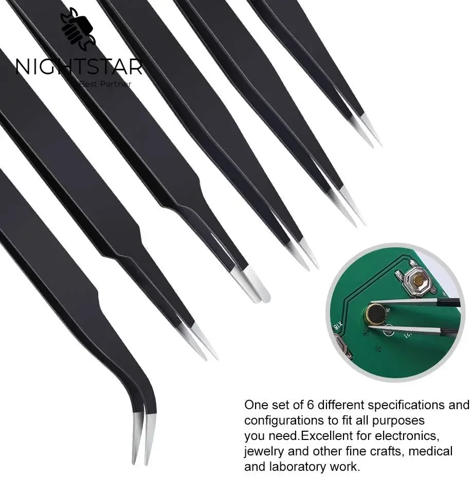 Juego de pinzas de precisión antiestáticas, pinzas ESD de acero inoxidable, herramienta de soldadura de reparación electrónica para pestañas de belleza