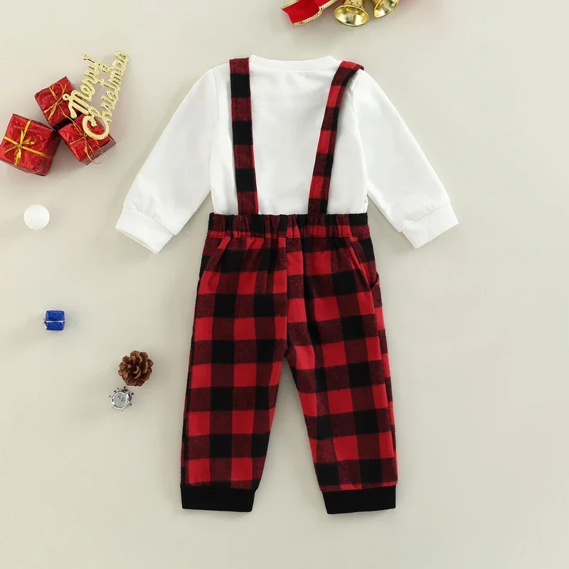 0-18M Boys Baby Party Christmas Clothes Set Long Sleeve Bow-tie Tops Plaid Suspender Pants Toddler Boys Overalls Party Outfits