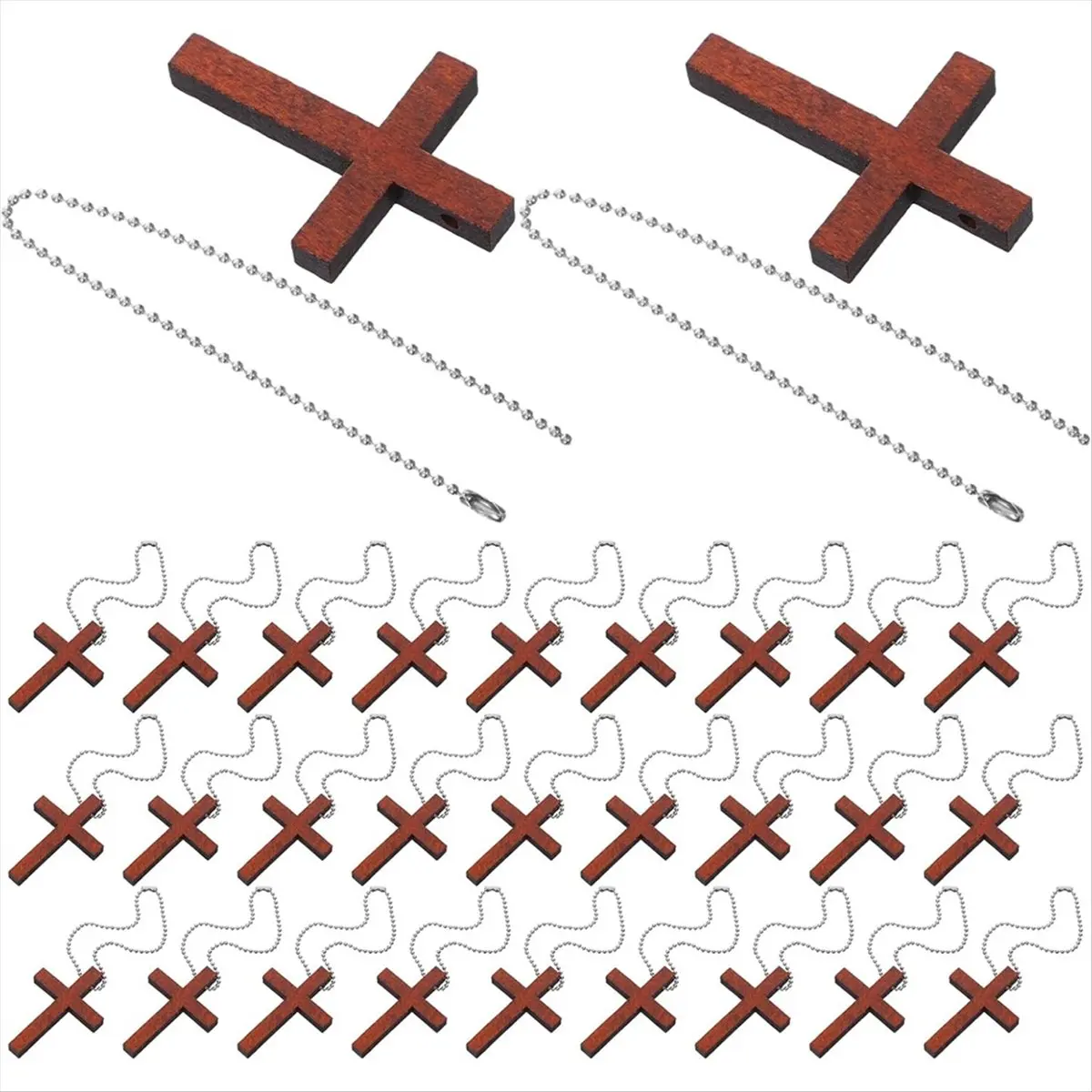 Reliable- 50pcs Natural Wood Cross-Pendant Charms with Stainless Steel Chain for Christmas Car Mirror Church Home Decor