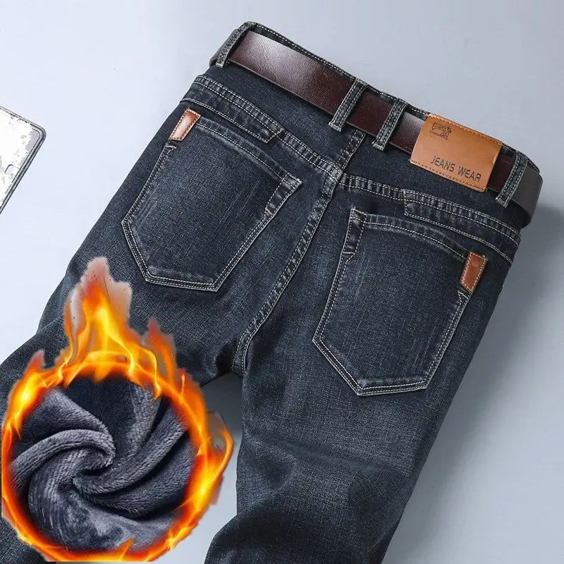 2025 Winter Men's Large Plush Thick Jeans Fashion Casual Versatile Business Jeans Warm and Cold Resistant Black Blue Denim Pants