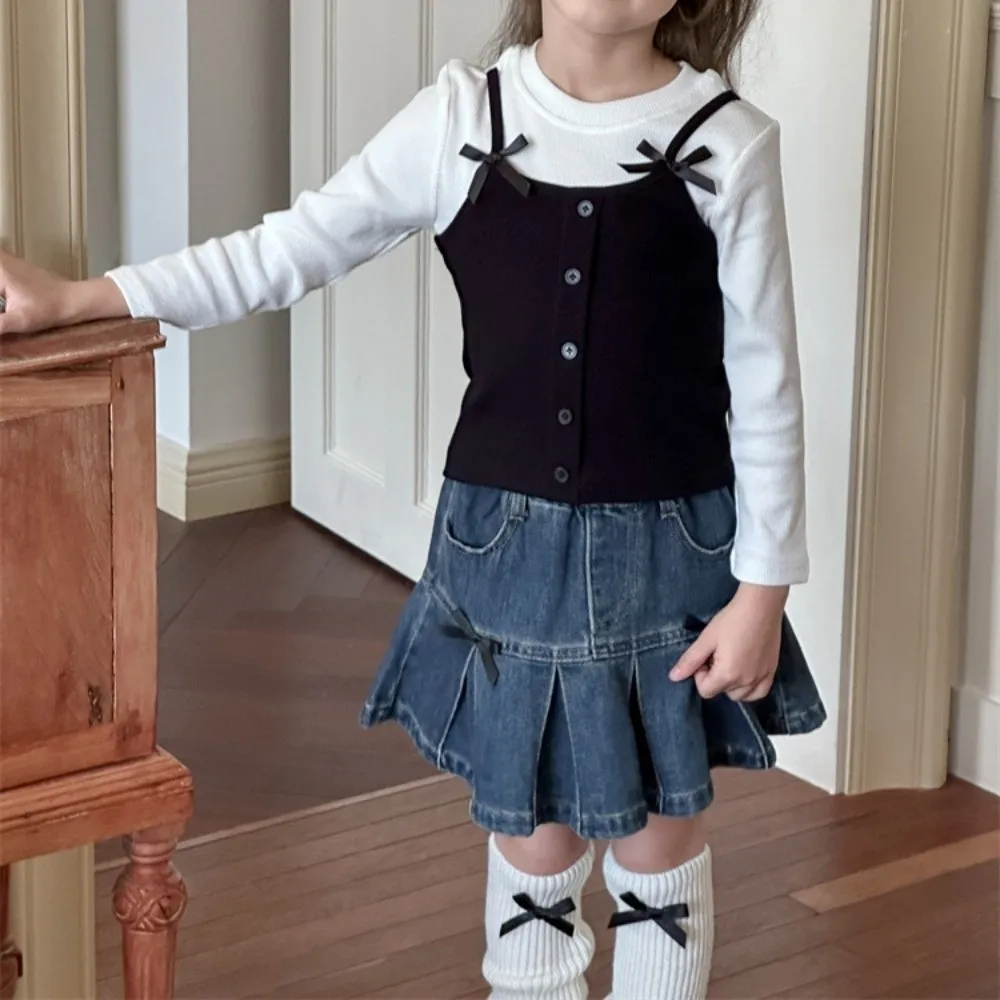 

Cute Korean Style False Two-piece Top Princess Bow Long Sleeve T-shirt Elegant Base Shirt Daily Outfit