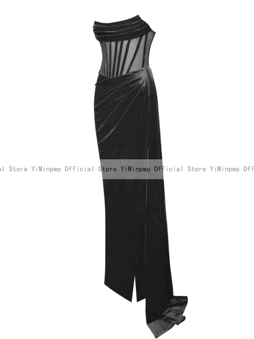 Sexy Black Mermaid Prom Dresses 2023 Strapless Side Split Illusion Girls Formal Occasion Velvet Evening Party Dress