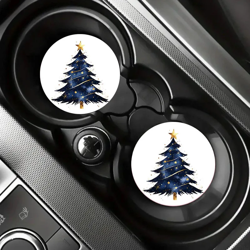 Blue Gold Christmas Car Cup Holder Coasters 2Pcs Leather Non Slip Water Proof Cup Pad Universal 7cm Auto Coaster Set Easy Clean
