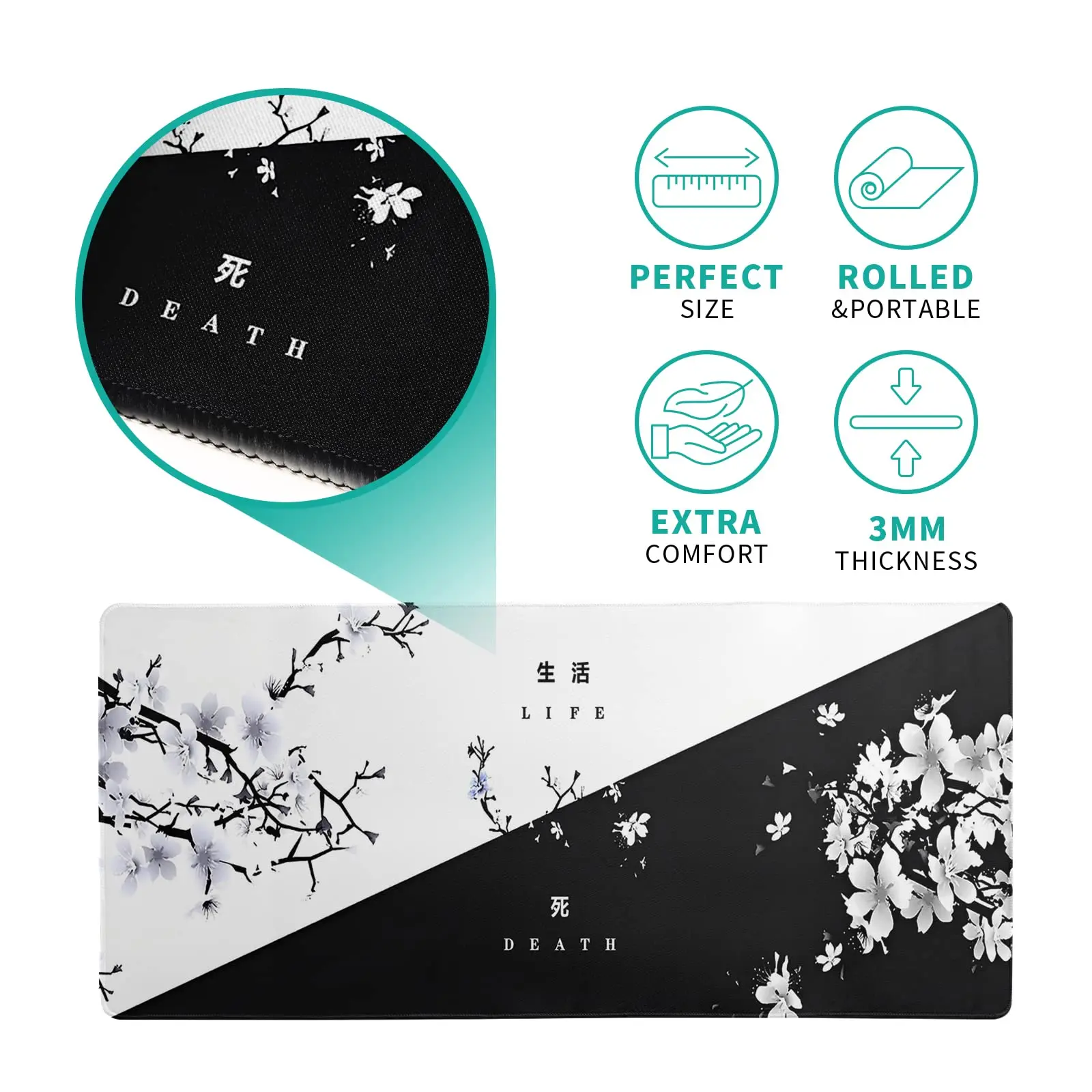 Japanese Cherry Blossom Gaming Mouse Pad Sakura Death Life Flower Mat Non-Slip Rubber Mousepad Stitched Edges Keyboard Desk Pad