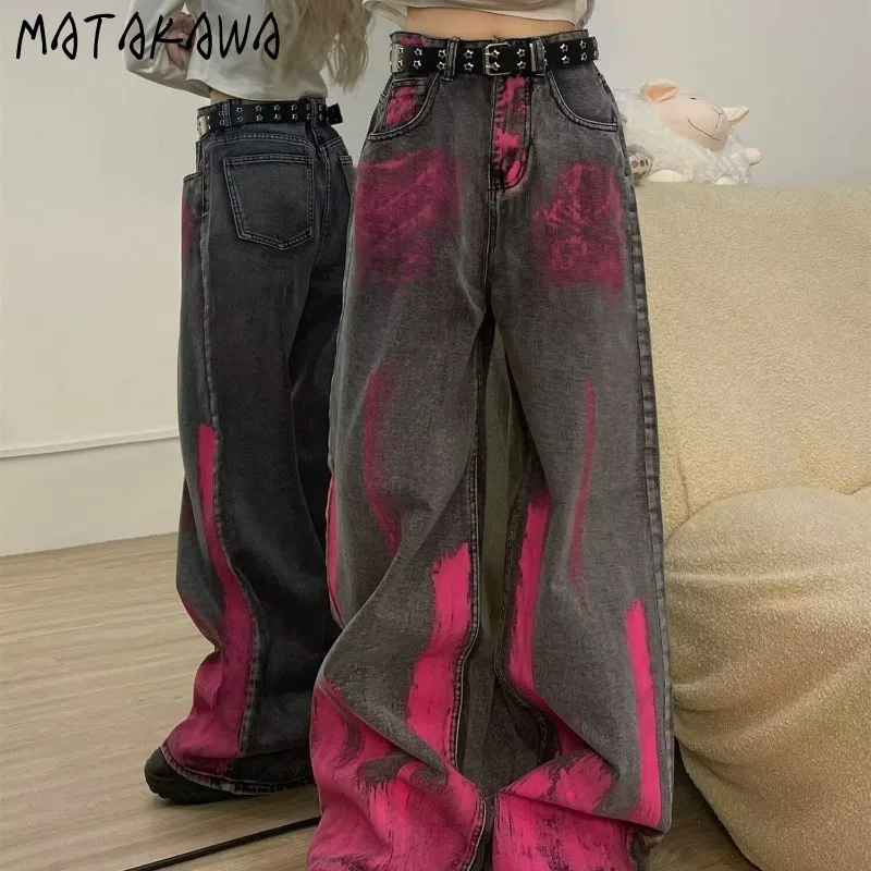 Matakawa Y 2K Roze Graffiti Denim Broek Vrouwen Vintage Streetwear Lente Herfst Pantalones De Mujer Grijze Broek Met Wijde Pijpen