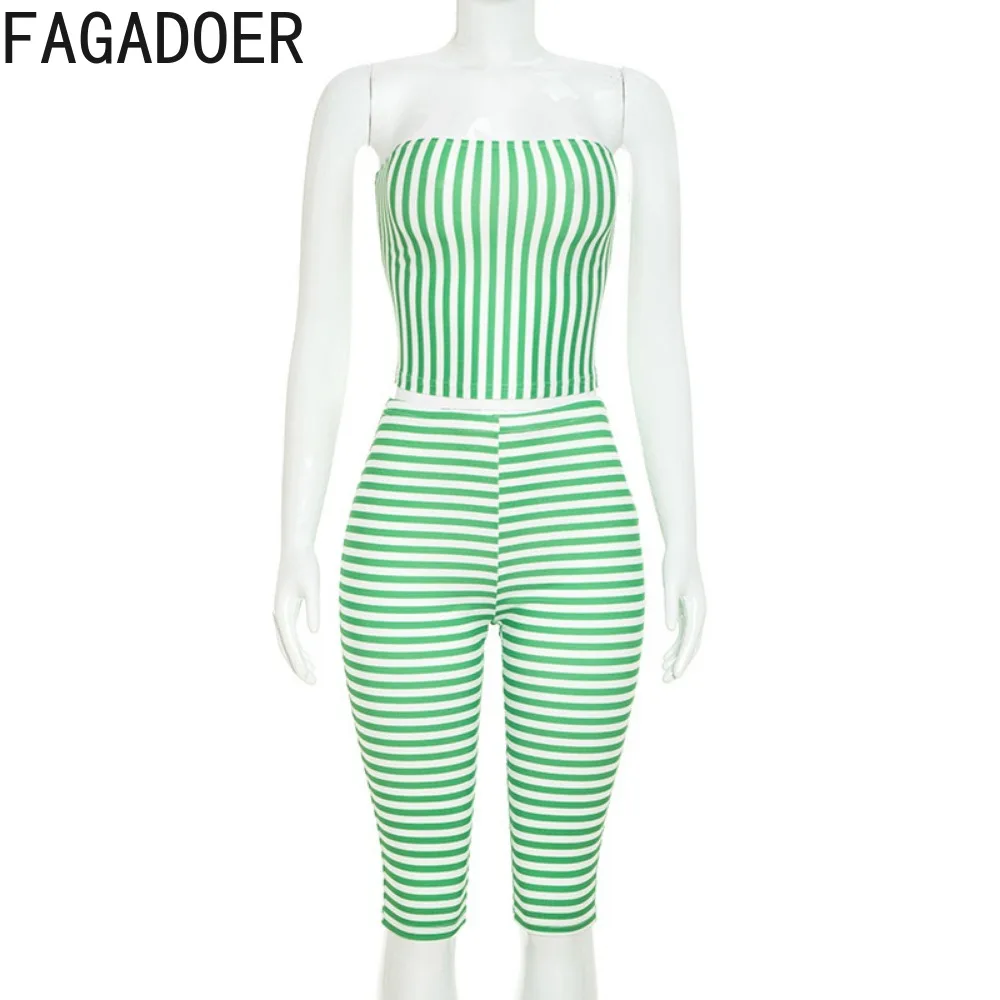 FAGADOER Summer Casual 2 Piece Sets Fashion Striped Patchwork Crop Top + Bodycon Capri Pants Suits Streetwear Party Club Outfits view 5