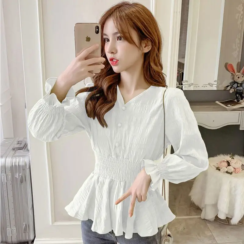 Fashion Spliced Button Folds Ruffles Blouses Women\'s Clothing 2023 Autumn Winter New Loose Princess Sleeve Tops Elegant Shirts